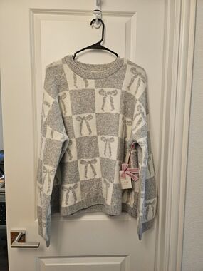 NEW a new day Gray & White Bow Checkered Oversized Crewneck Sweater